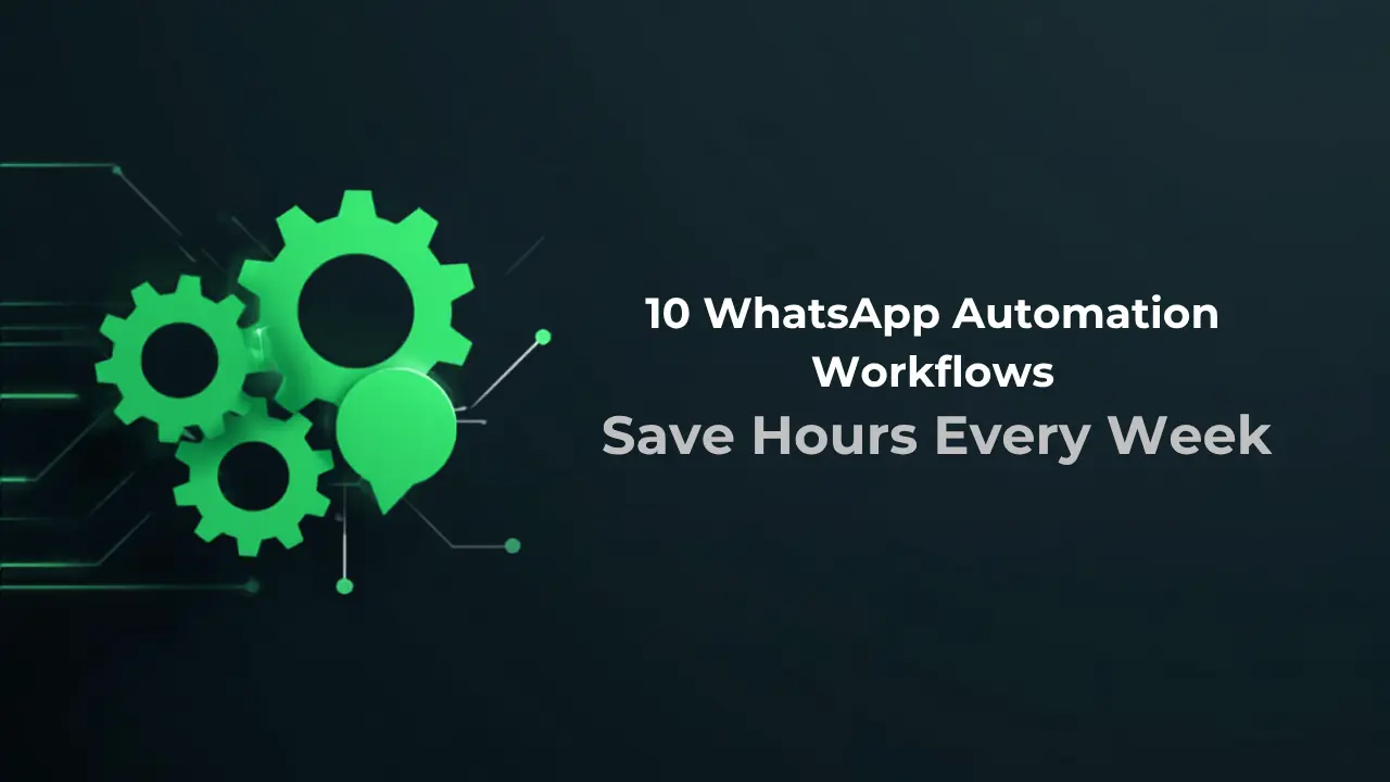 WhatsApp automation workflows with gear icons and chat bubble elements