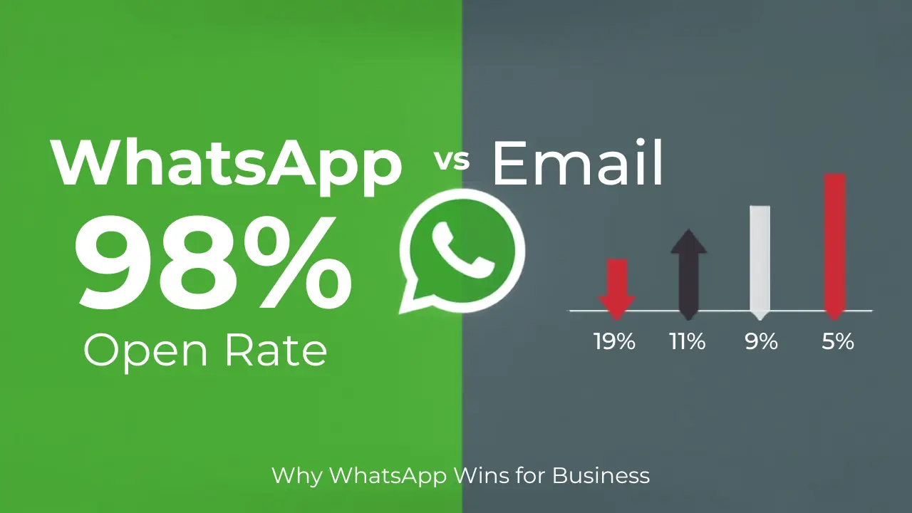 WhatsApp vs email marketing comparison showing 98% open rate advantage
